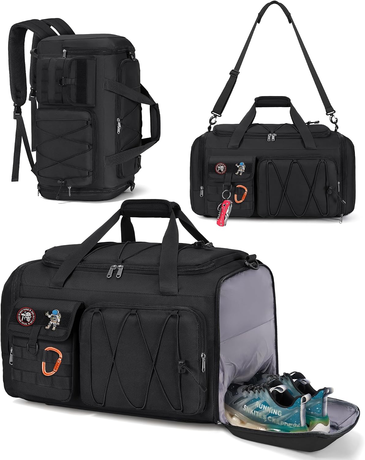 Gym Bag for Men 45L Sports Duffel Bags 3-In-1 Travel Duffel Bag with Shoe Compartment, Gym Workout Backpack Carry on Weekender Bag Overnight Bag for Travel, Black