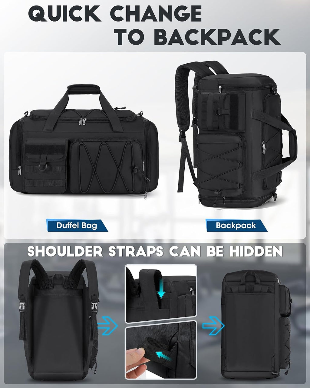 Gym Bag for Men 45L Sports Duffel Bags 3-In-1 Travel Duffel Bag with Shoe Compartment, Gym Workout Backpack Carry on Weekender Bag Overnight Bag for Travel, Black