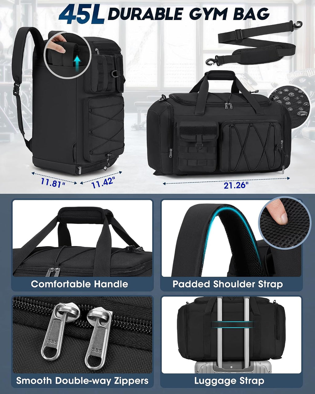 Gym Bag for Men 45L Sports Duffel Bags 3-In-1 Travel Duffel Bag with Shoe Compartment, Gym Workout Backpack Carry on Weekender Bag Overnight Bag for Travel, Black