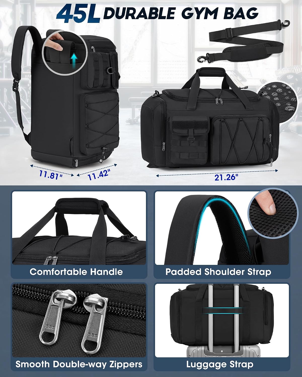 Gym Bag for Men 45L Sports Duffel Bags 3-In-1 Travel Duffel Bag with Shoe Compartment, Gym Workout Backpack Carry on Weekender Bag Overnight Bag for Travel, Black